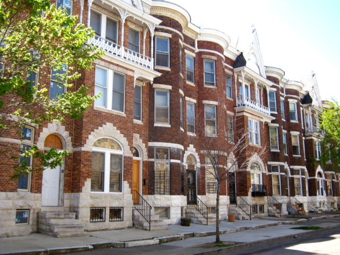 Row houses baltimore marble brick facades stock street residential city stoops colorful along painted